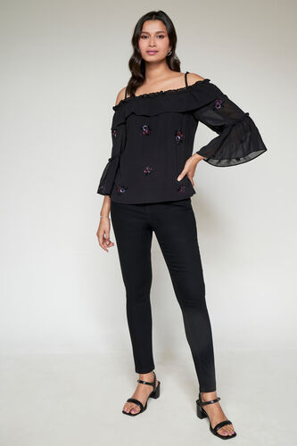 Black Embellished Off-Shoulder Top, Black, image 3